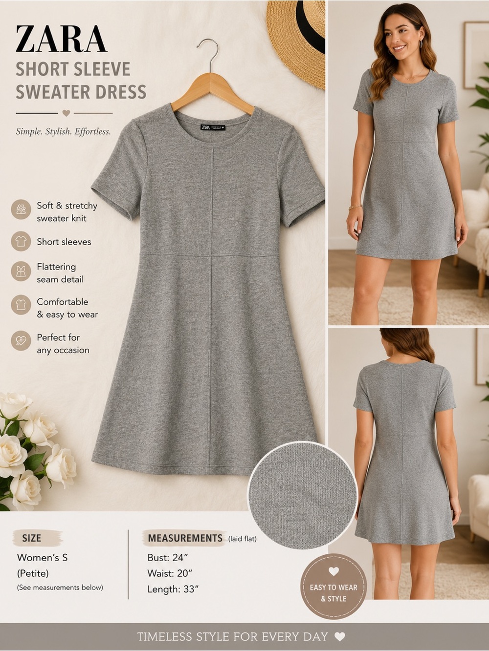ZARA Gray Short Sleeve Sweater Mini Dress
